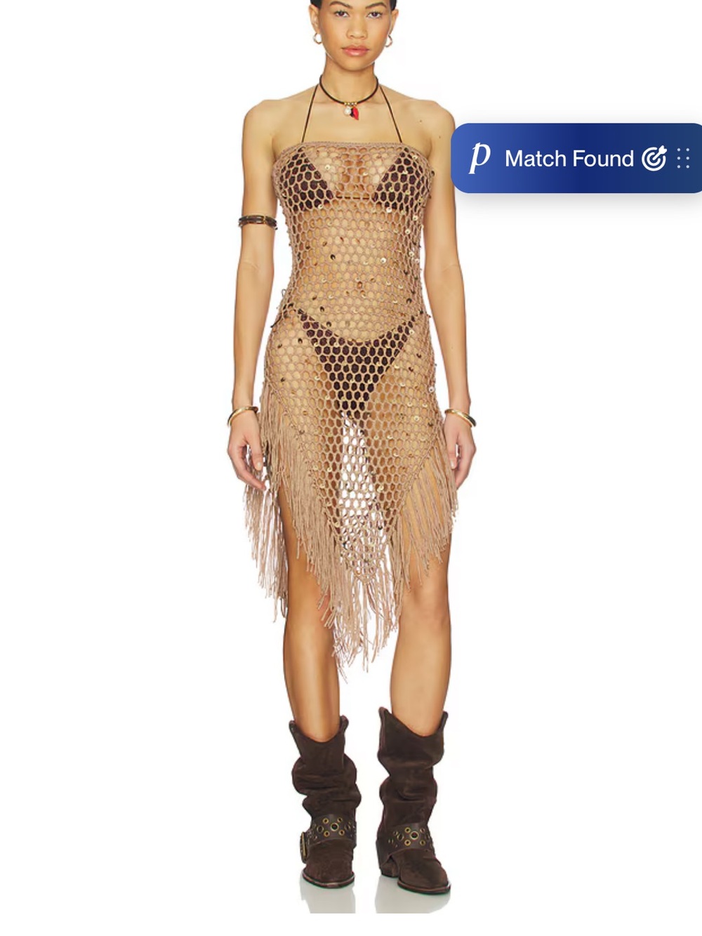 Sheer Crochet Fringe Halter Swim Cover-Up in Tan